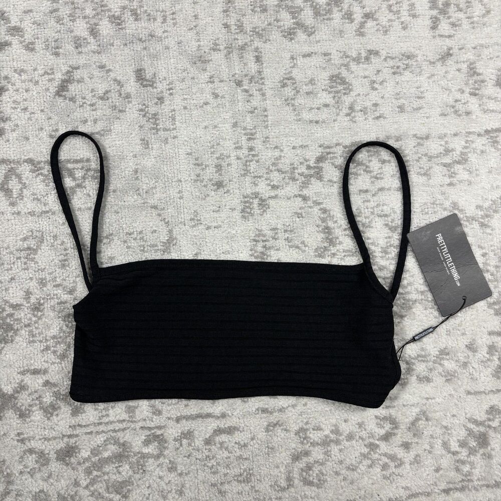 Ladies PRETTY LITTLE THING Strappy Back Black Rib Bralette Top Size 8